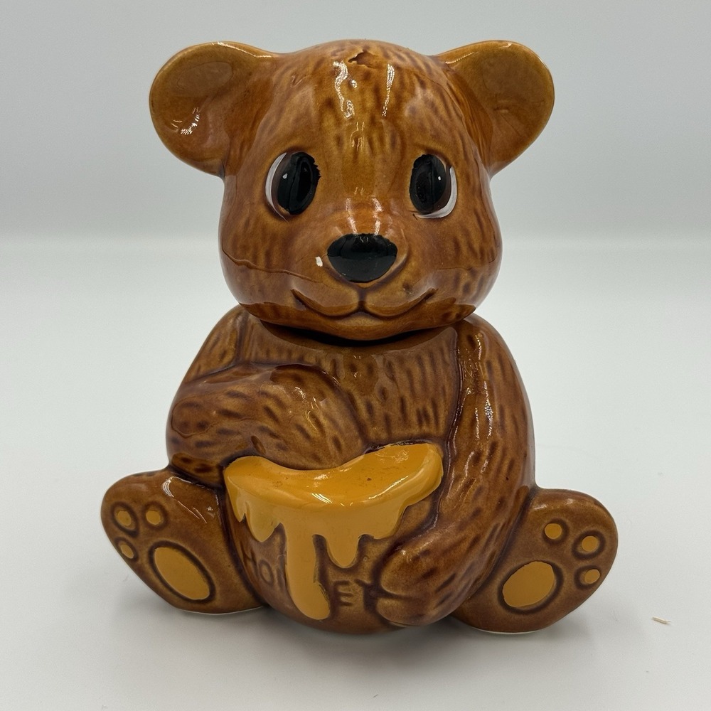 Vintage Brown Ceramic‎ Teddy Bear Honey Pot Jar with Dipper